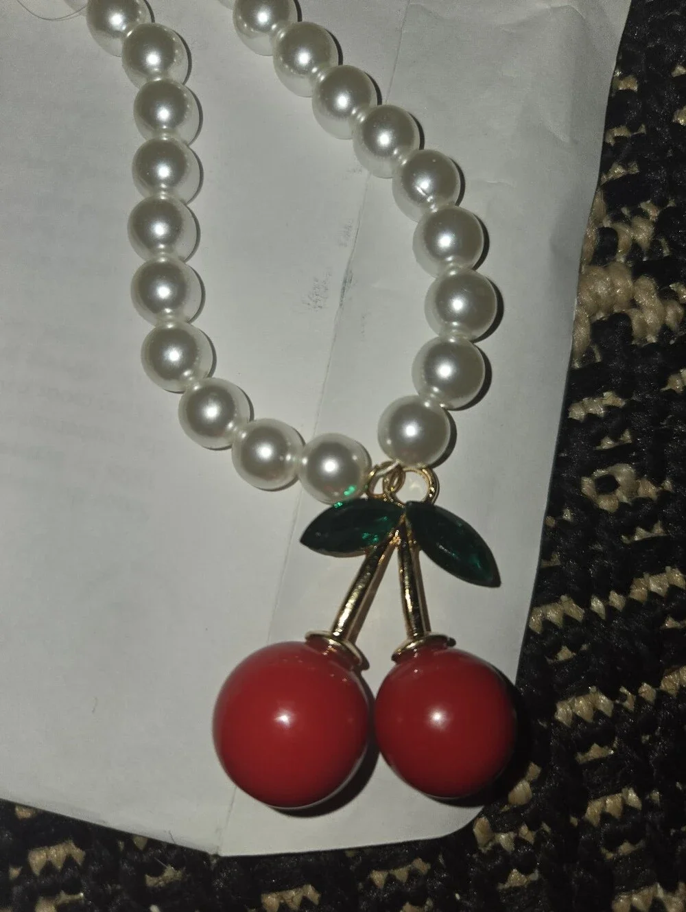 Pearl Necklace with Red Cherry Pendant by